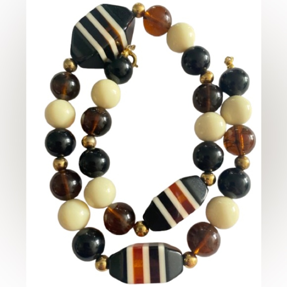 Vintage Tortoise Lucite Beaded Necklace Choker 17” White Cream Amber Red Black